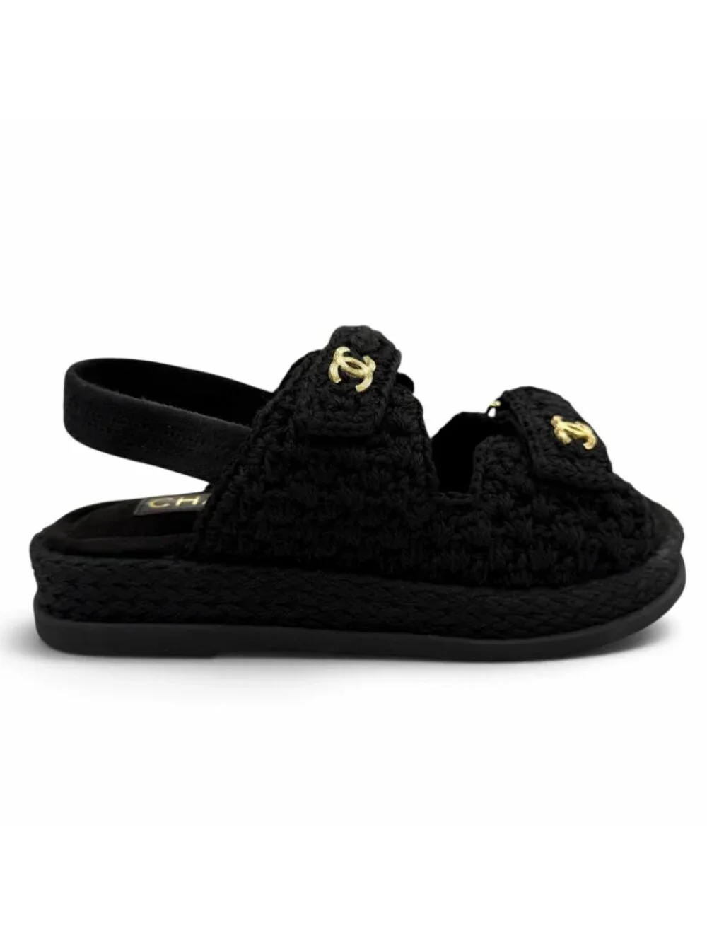 Chanel Suede Leather CC Logo Velcro Knit Sandals Black